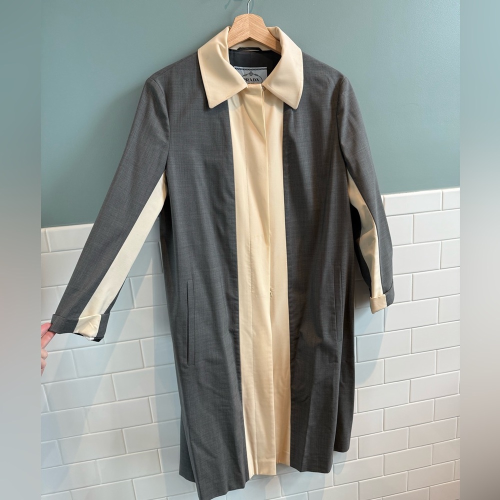 Vintage PRADA size 38 Color Block Dress Coat Hidden Button Grey and Yellow cream